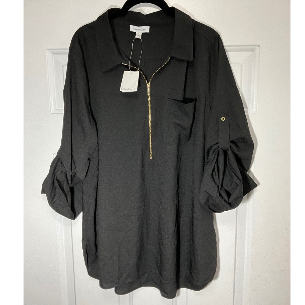 Calvin Klein Women Black Roll Tab Sleeve Zip Front Tunic Blouse XL K3WA9518